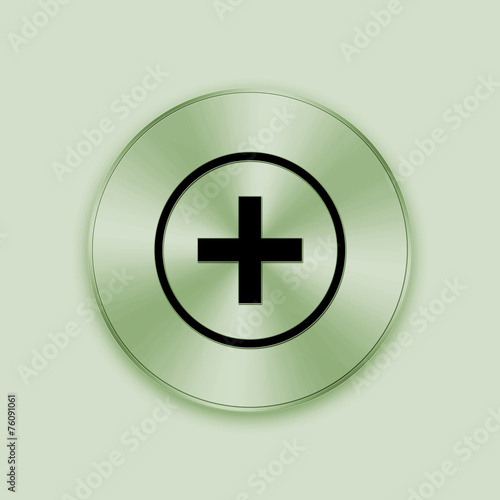 Green metal button with add icon