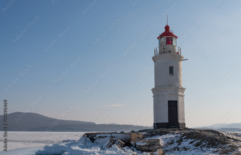 Lighthouse in Vladivostok. Winter season.