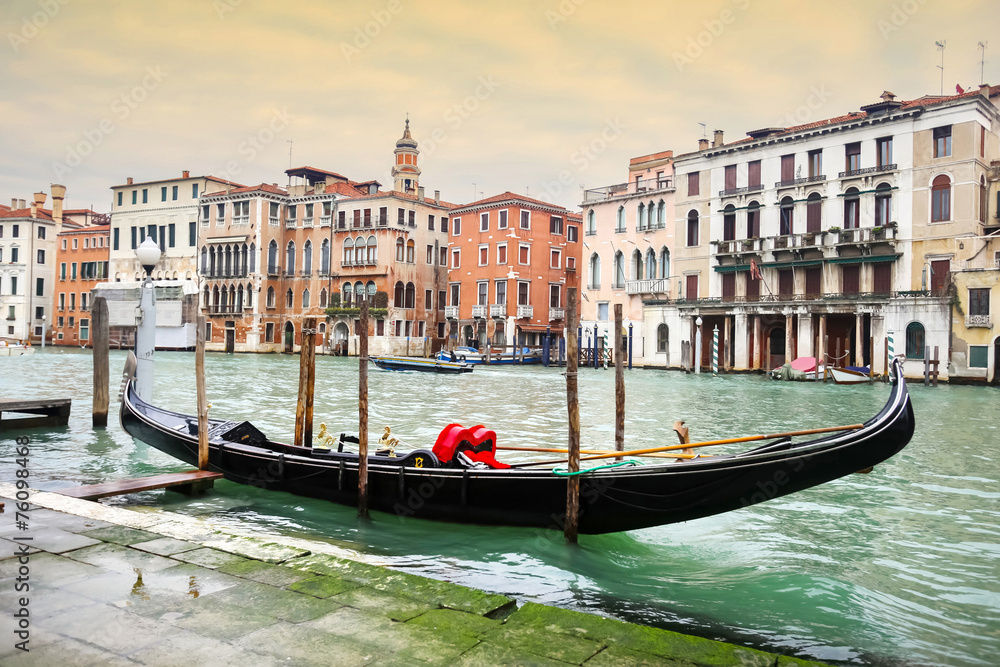Empty gondola parked in Venice