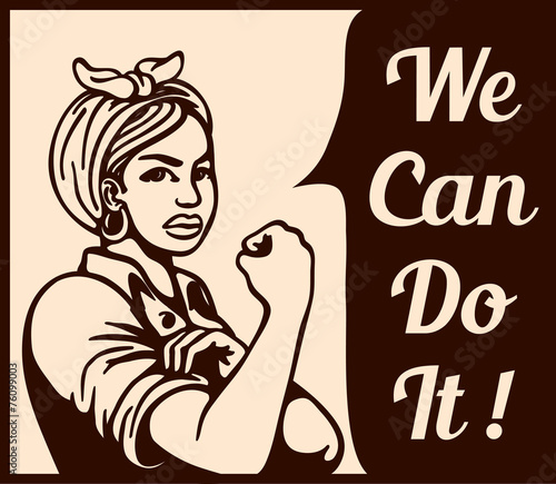 We can do it! working woman rolling up sleeves, gender equality