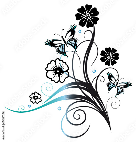 Ranke mit Blüten und Schmetterling. Blau, schwarz.