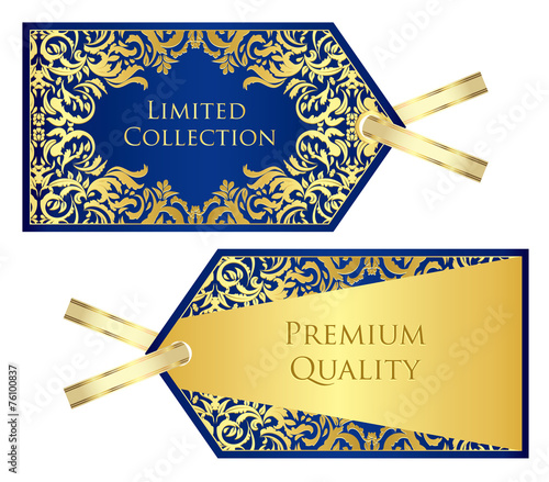 Luxury blue price tag with golden vintage pattern