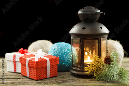 Vintage lantern with seasonal winter decoration