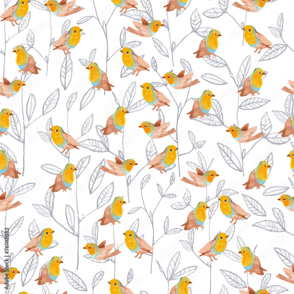 Fototapeta premium pencil sketch seamless pattern with flowers and bird robin