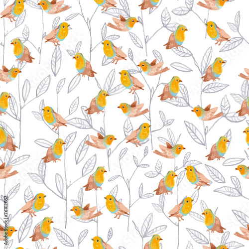 pencil sketch seamless pattern with flowers and bird robin