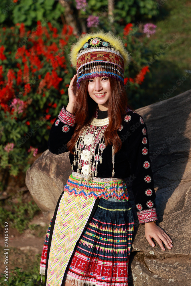 Traditionally dressed Mhong hill tribe woman in the garden