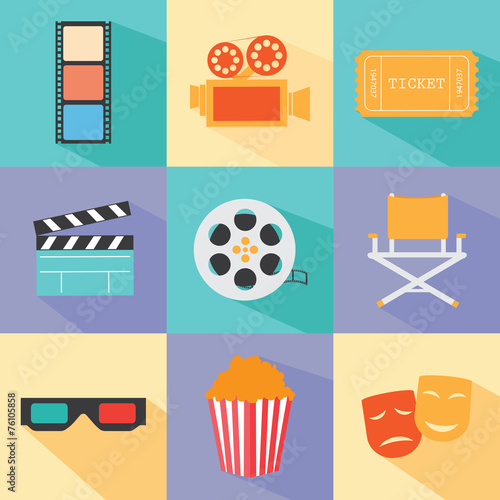 Set of movie design elements and cinema icons in flat style.