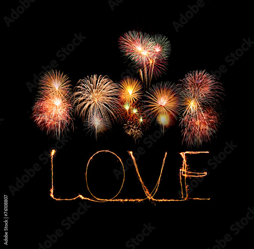 Love sparkler firework light alphabet with fireworks