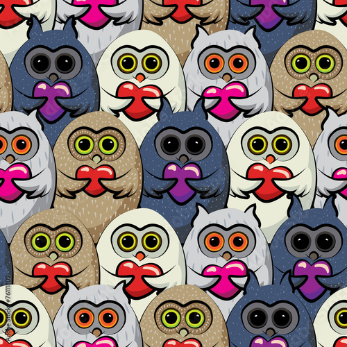 Seamless pattern colorful owls with hearts.