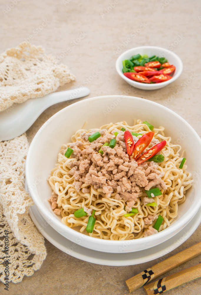 Instant noodles with pork in bowl Instant noodles with pork in bowl