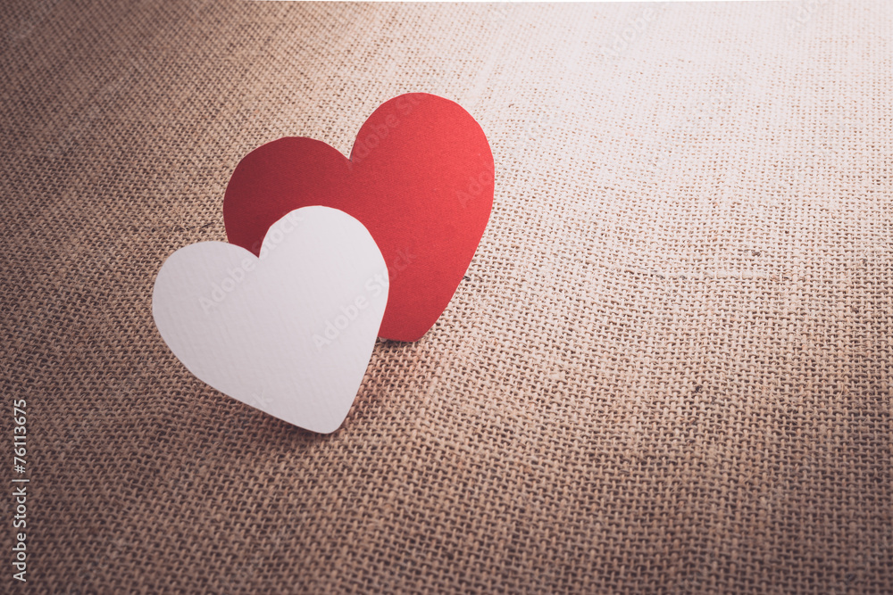 red hearts symbol on fabric sack surface red hearts symbol on fabric sack surface