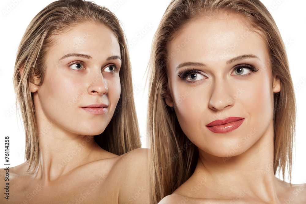 Comparison portrait of a woman without and with makeup