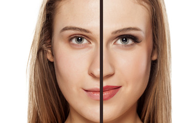 Comparison portrait of a woman without and with makeup