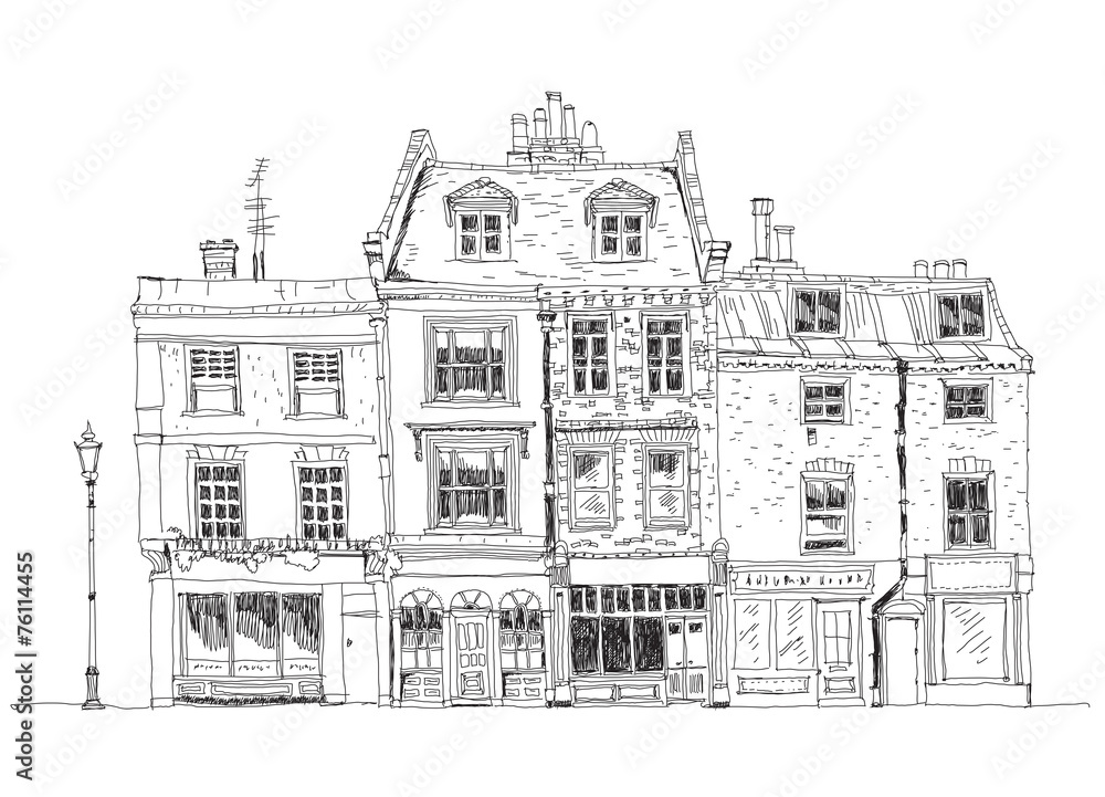 Old English town houses with shops on the ground floor. Sketch c