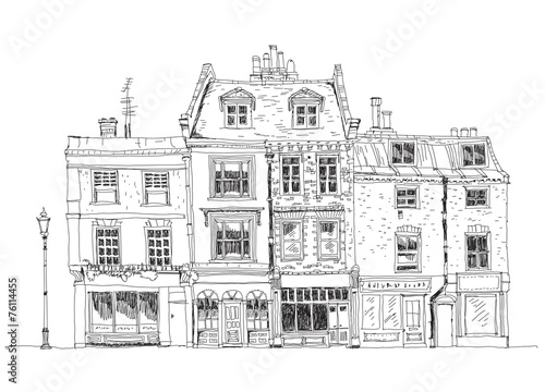 Fototapeta Old English town houses with shops on the ground floor. Sketch c