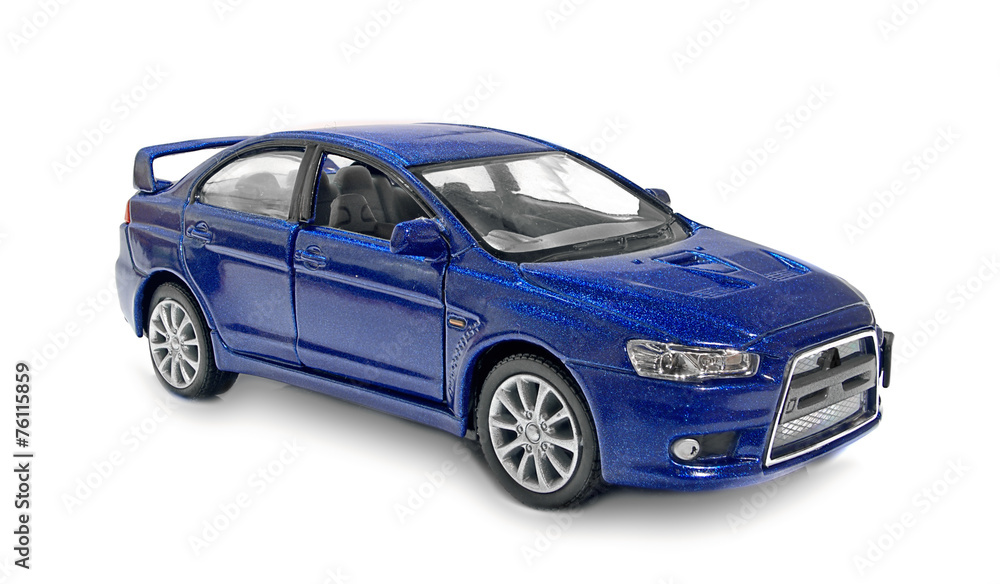 The blue toy car on a white background.