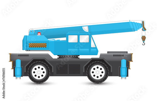 Mobile crane vector design. Industrial machine equipment or vehicle with hoist, hook, rope and hydraulic telescopic boom for service, erection and lifting heavy load in building construction site.