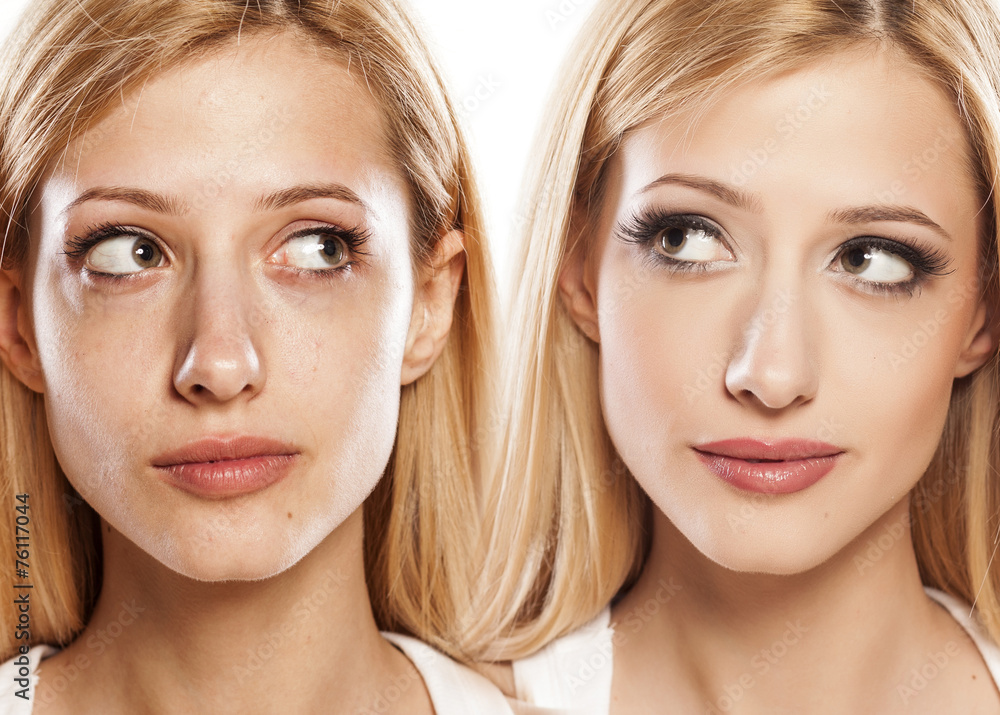 Comparison portrait of a woman without and with makeup Comparison portrait of a woman without and with makeup