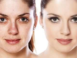 Comparison portrait of a woman without and with makeup