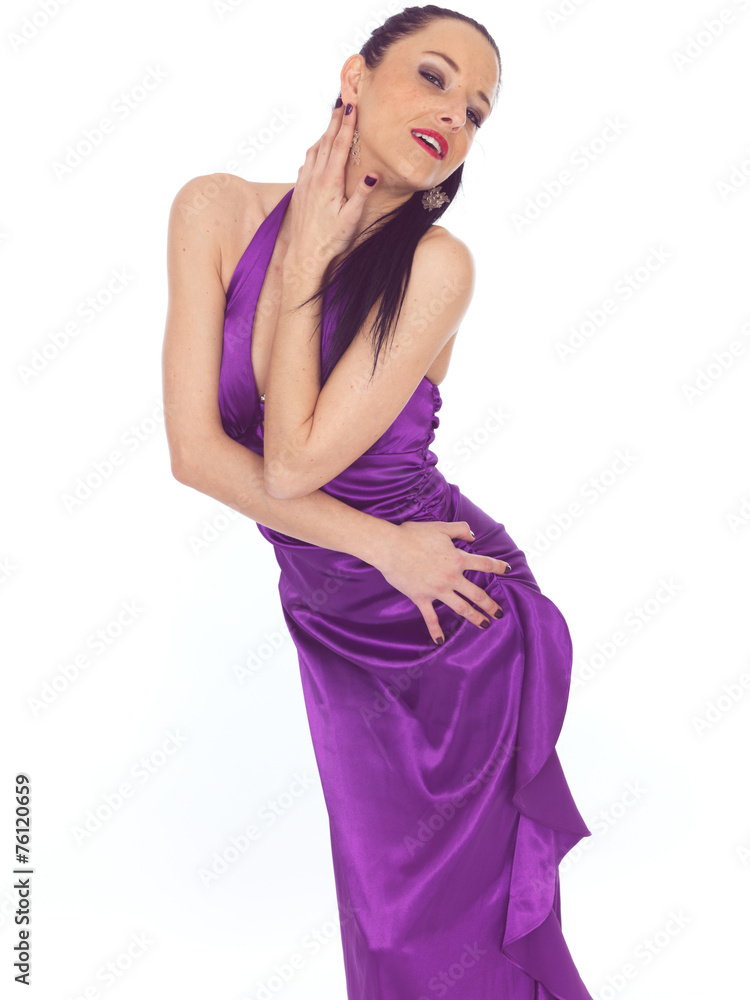 Attractive Sexy Young Woman Wearing A Purple Evening Dress