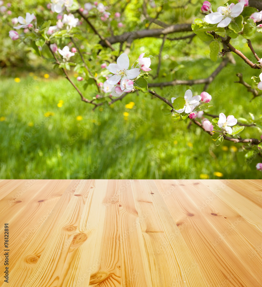 empty table against spring garden background empty table against spring garden background