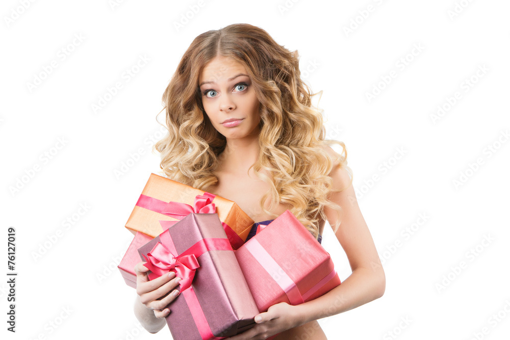 picture of cheerful girl with gift box on a white background picture of cheerful girl with gift box on a white background