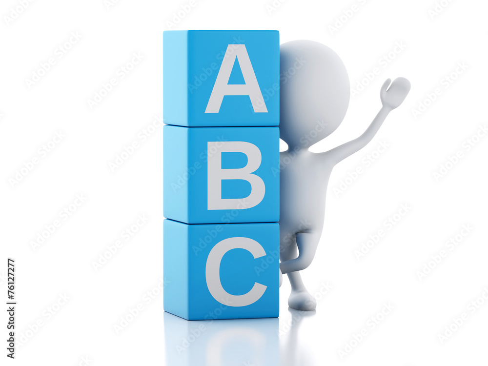 3d white people with ABC cubes on white background. 3d white people with ABC cubes on white background.