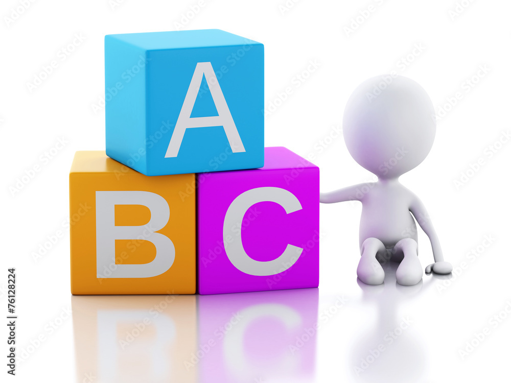 3d white people with ABC cubes on white background. 3d white people with ABC cubes on white background.