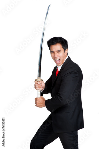 business man holding samurai sword