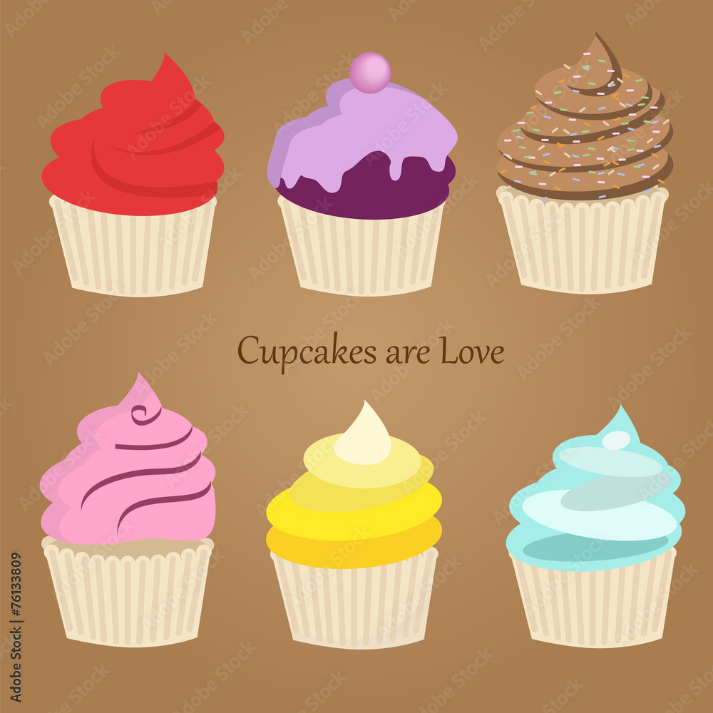 Set of six cute colorful stylized cupcakes Set of six cute colorful stylized cupcakes