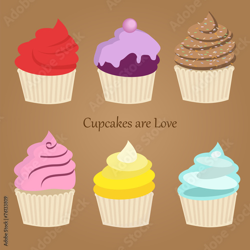 Set of six cute colorful stylized cupcakes