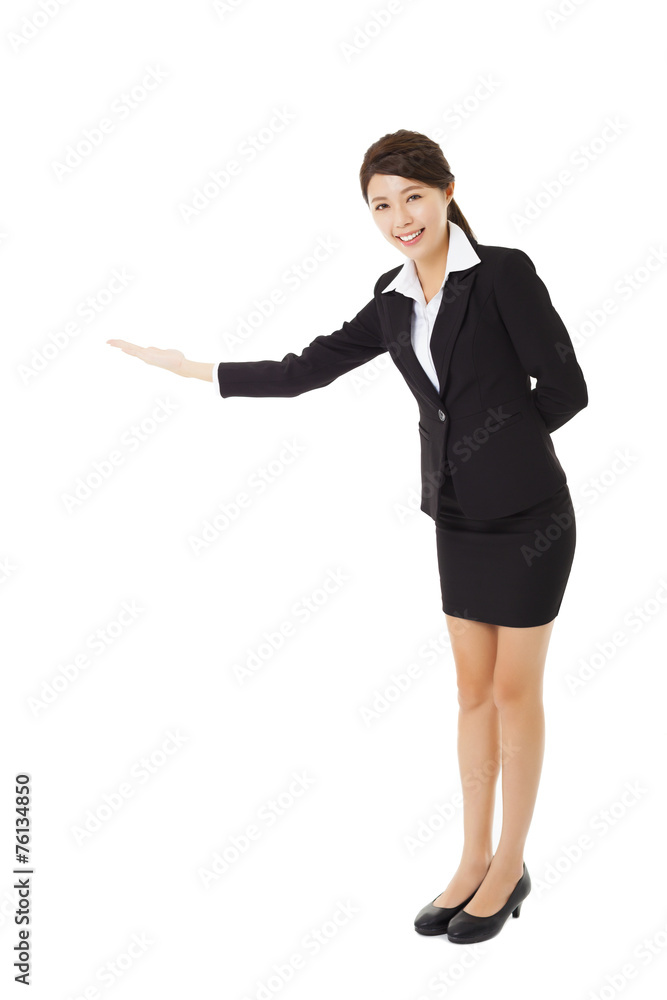 asian Businesswoman with her arm out in a welcoming gesture asian Businesswoman with her arm out in a welcoming gesture