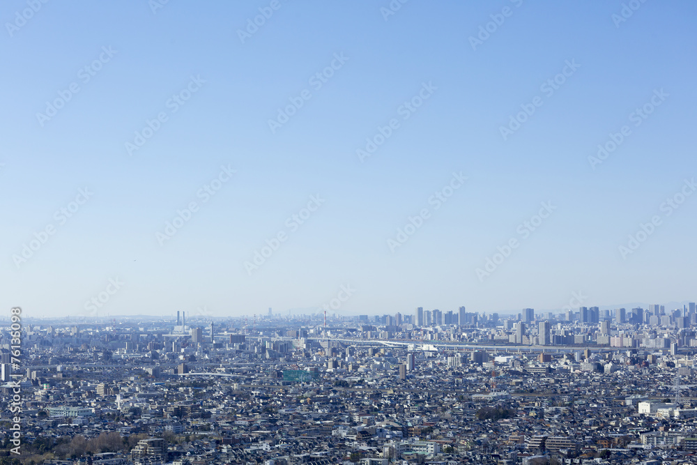 東京都心全景（江戸川方面より湾岸エリア　台場、豊洲、有明、遠くに横浜を望む）2015年1月