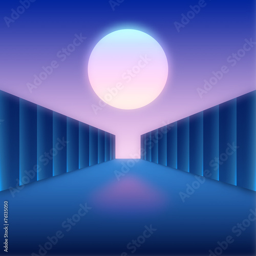 Retro futuristic digital landscape with moon and dark corridor