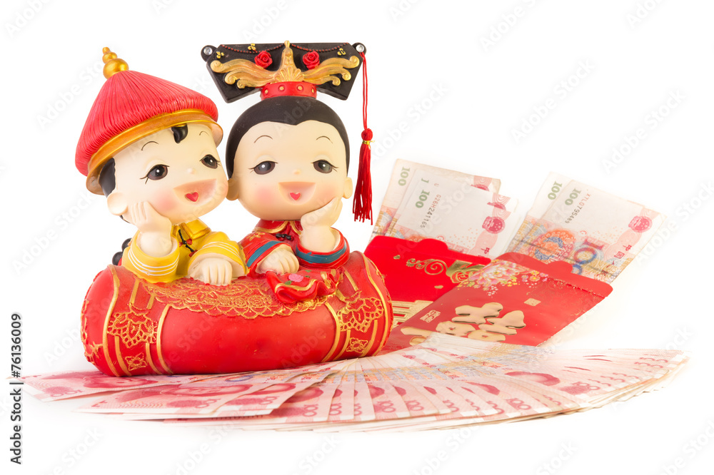China wedding couple with China Bank note on white isolate