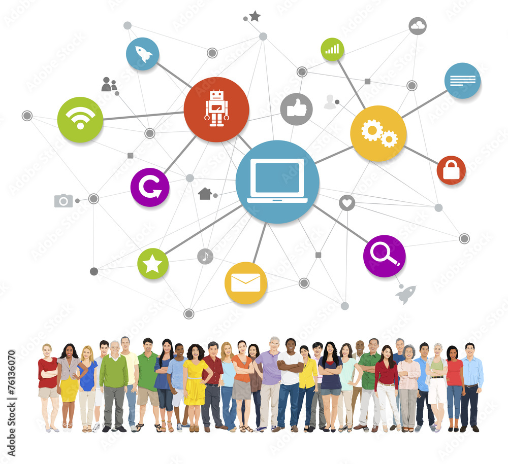 Large Group of Diverse People with Social Media Symbols Large Group of Diverse People with Social Media Symbols