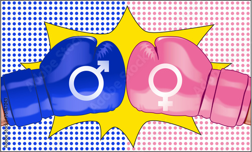The battle of  sexes represented with two opposing boxing gloves