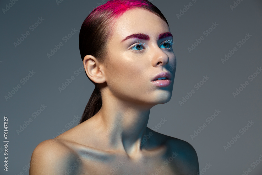 Beauty portrait of young women/girl with pink lipstick,eyebrows Beauty portrait of young women/girl with pink lipstick,eyebrows