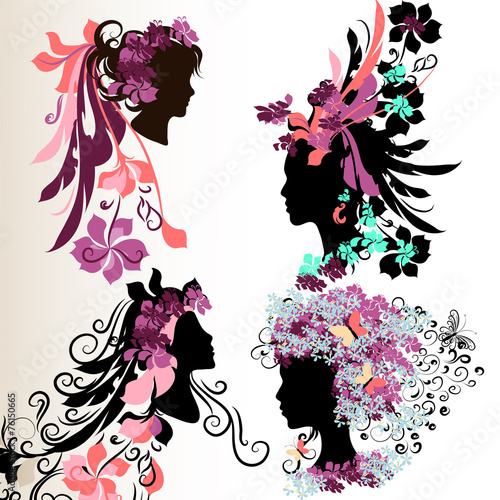 Fashion abstract female face silhouettes with floral hairstyle