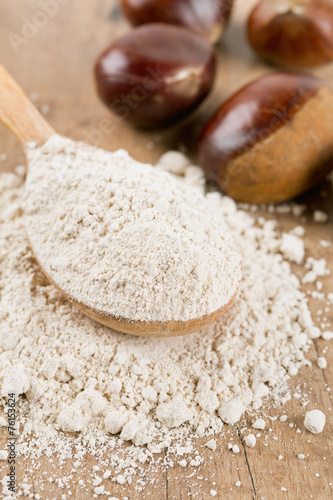 chestnut flour in a wooden spoon