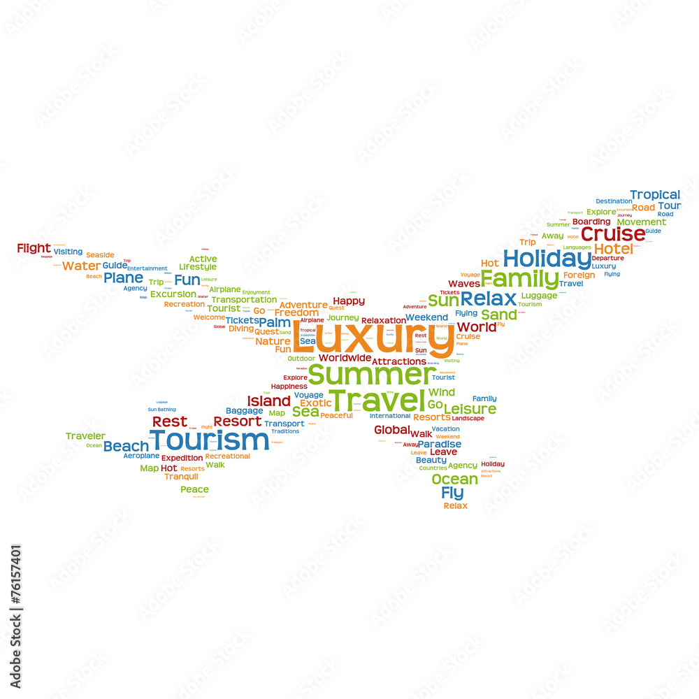 Vector conceptual travel or tourism plane word cloud Vector conceptual travel or tourism plane word cloud