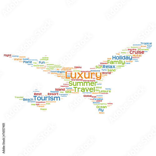 Vector conceptual travel or tourism plane word cloud