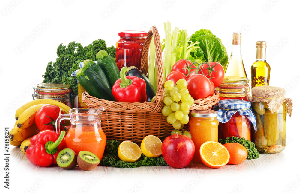 Composition with variety organic vegetables and fruits in wicker Composition with variety organic vegetables and fruits in wicker