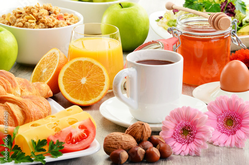 Composition with breakfast on the table. Balnced diet.