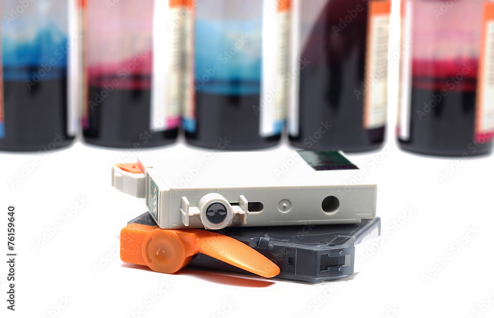 inkjet printer cartridges in bottles with background colors inkjet printer cartridges in bottles with background colors
