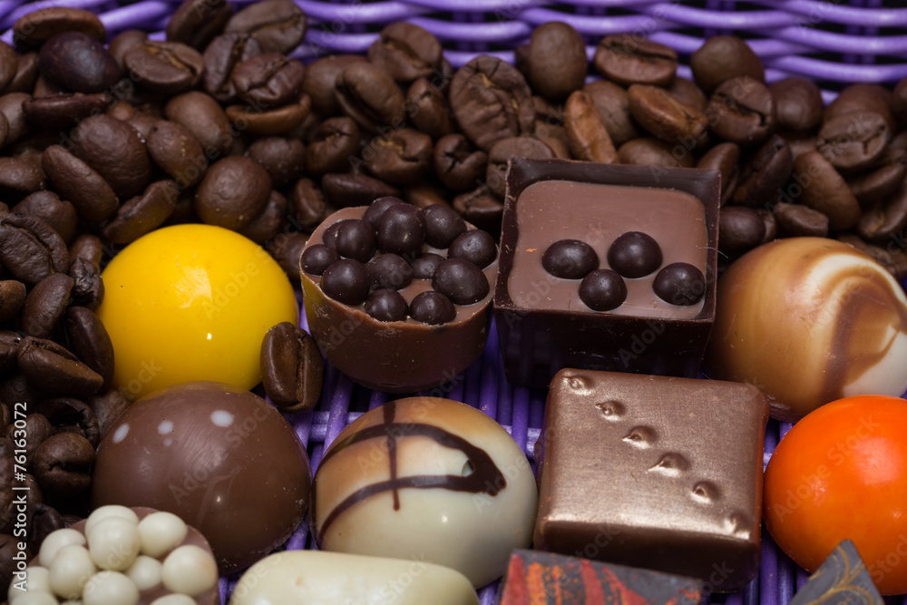 chocolate pralines and coffee beans in lavender basket chocolate pralines and coffee beans in lavender basket