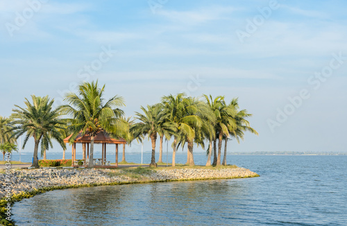 Garden pavillion with coconut palm tree on the shore