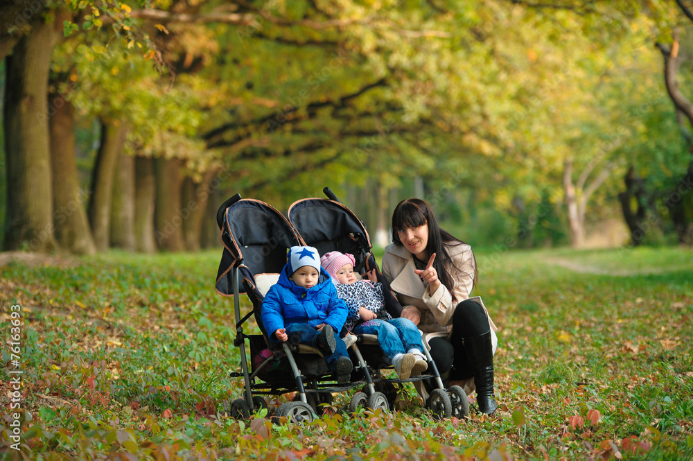 mother with children twins on a walk in the autumn park mother with children twins on a walk in the autumn park