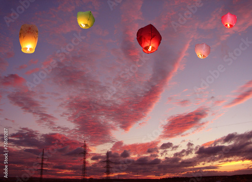 Multi-colored lanterns in the sky