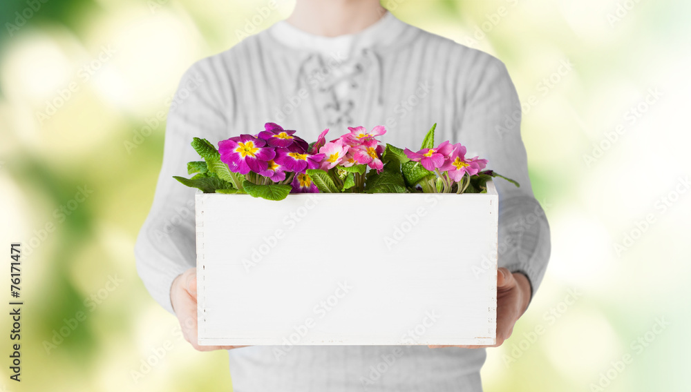 close up of man holding big pot with flowers